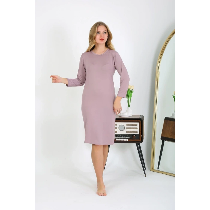 Moda Çizgi Pamuk Ev Elbisesi Tunik Gecelik Pudra 13132