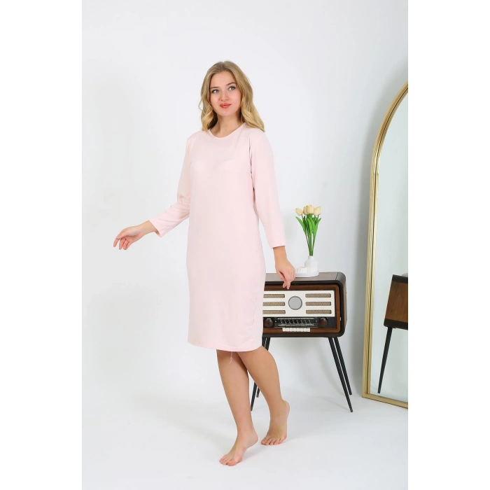 Moda Çizgi Pamuk Ev Elbisesi Tunik Gecelik Somon 13132