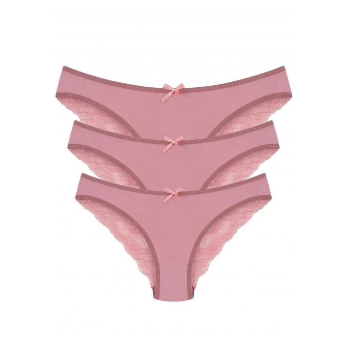 Moda Çizgi Pamuklu Dantelli 3lü Külot Mürdüm 40259