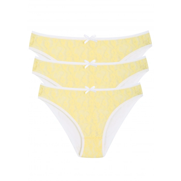Moda Çizgi Pamuklu Dantelli 3lü Külot Sarı 40258