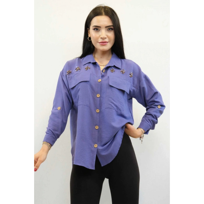 Moda Çizgi Pamuklu Keten Gömlek Mor