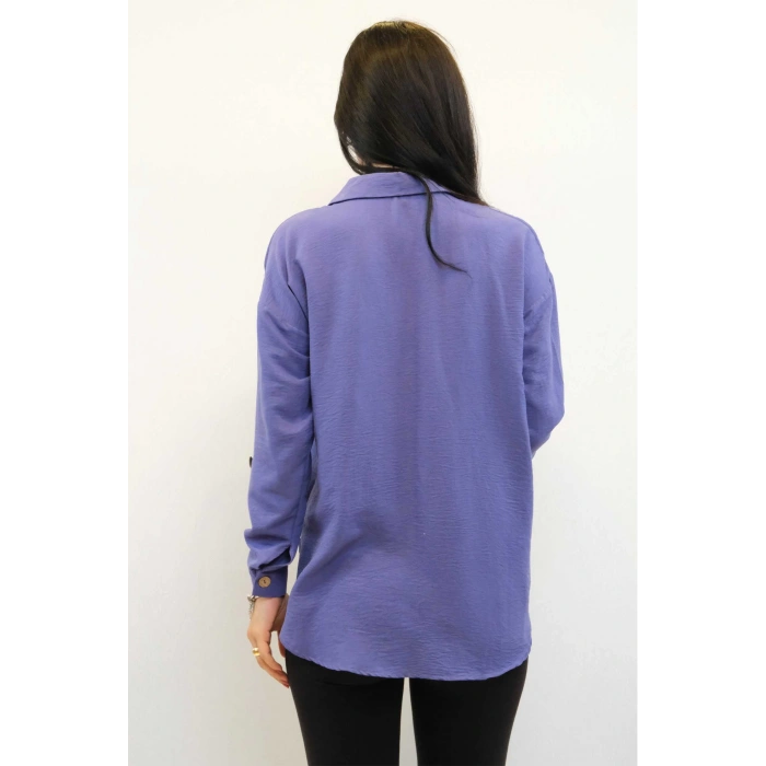 Moda Çizgi Pamuklu Keten Gömlek Mor