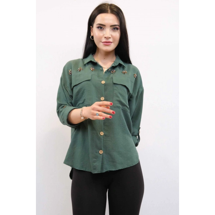 Moda Çizgi Pamuklu Keten Gömlek Zümrüt