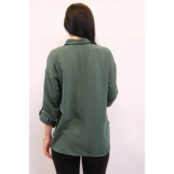 Moda Çizgi Pamuklu Keten Gömlek Zümrüt