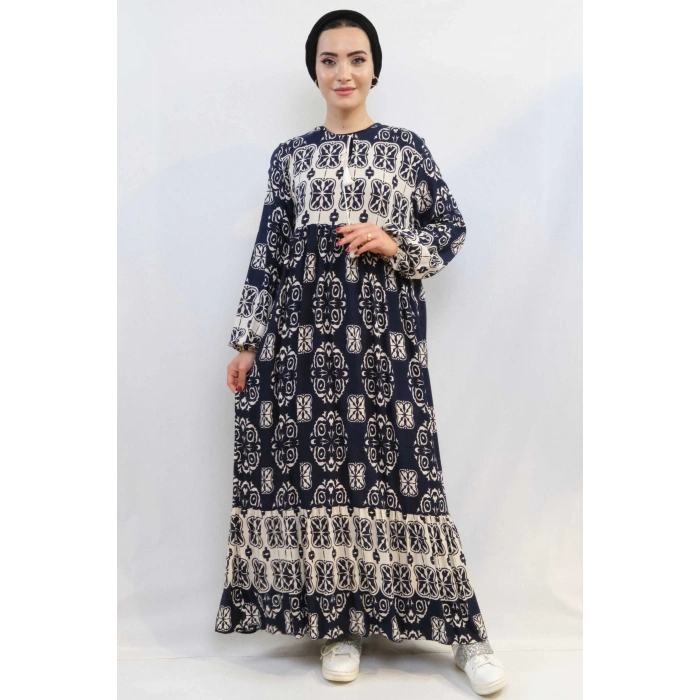 Moda Çizgi Papatya Desen Elbise Lacivert