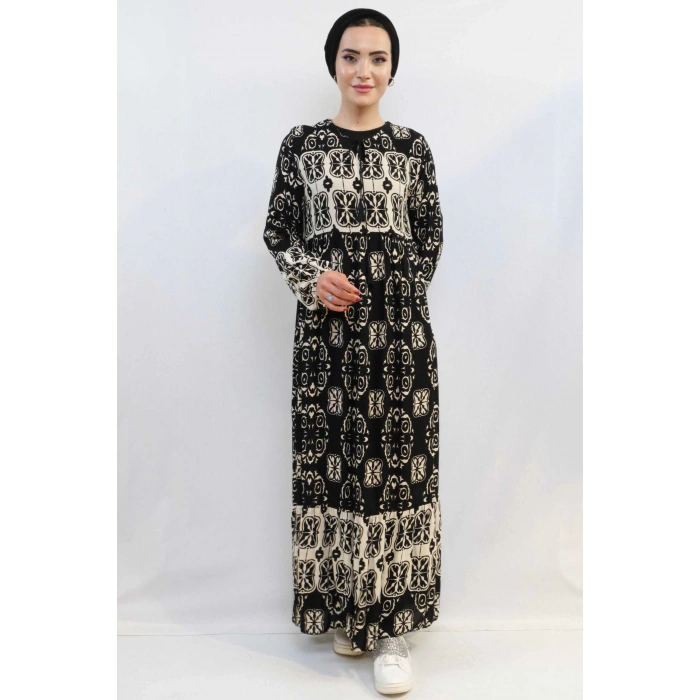 Moda Çizgi Papatya Desen Elbise Siyah