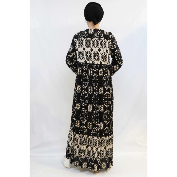 Moda Çizgi Papatya Desen Elbise Siyah