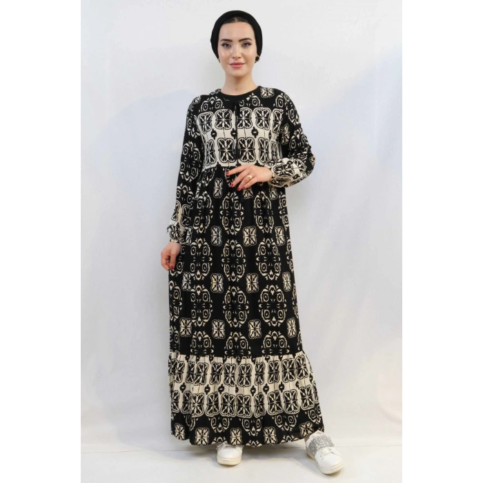 Moda Çizgi Papatya Desen Elbise Siyah