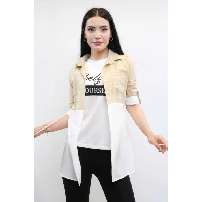 Moda Çizgi Pıt Pıt Desen İkili Takım Bej