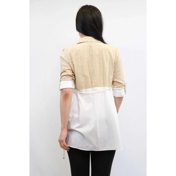 Moda Çizgi Pıt Pıt Desen İkili Takım Bej