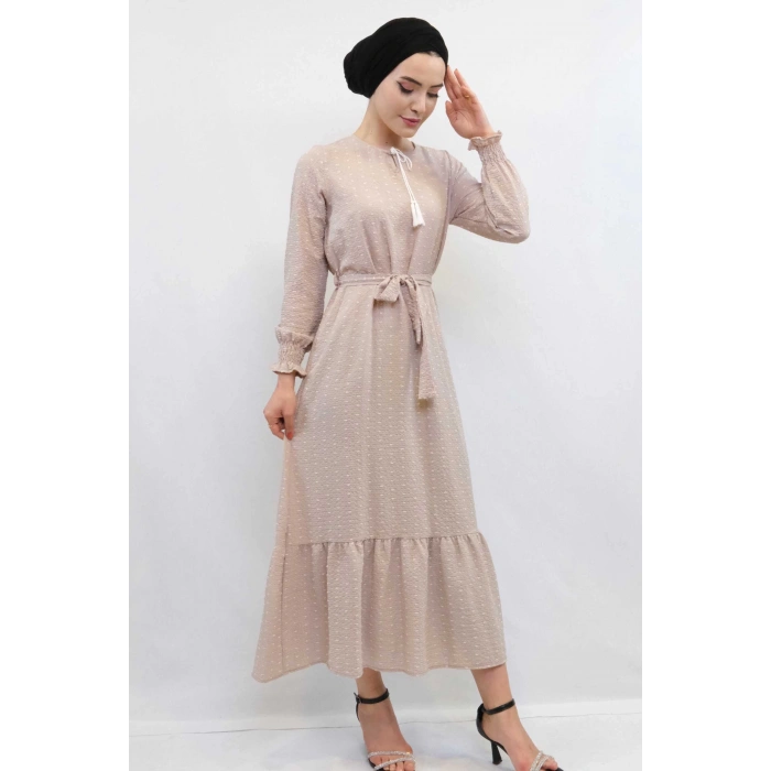 Moda Çizgi Pıt Pıt Elbise Bej