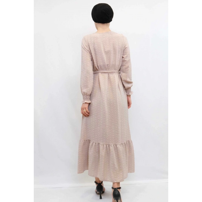 Moda Çizgi Pıt Pıt Elbise Bej