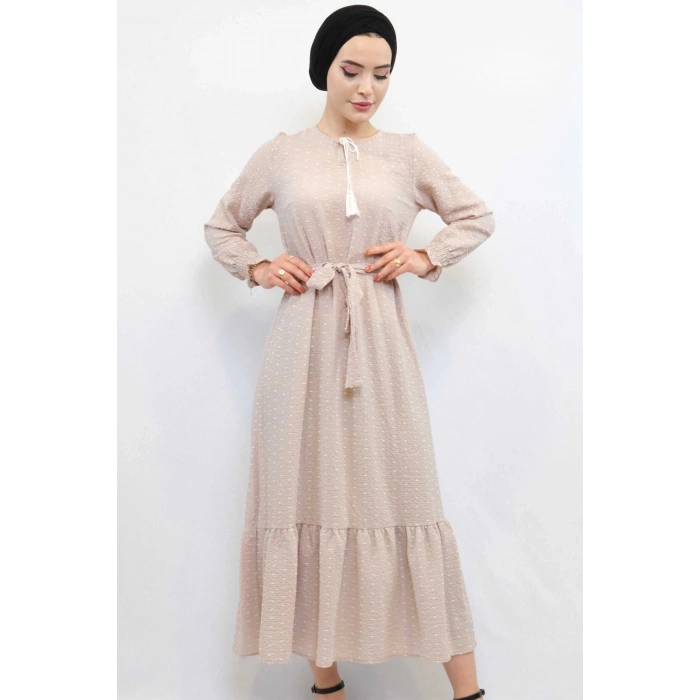 Moda Çizgi Pıt Pıt Elbise Bej