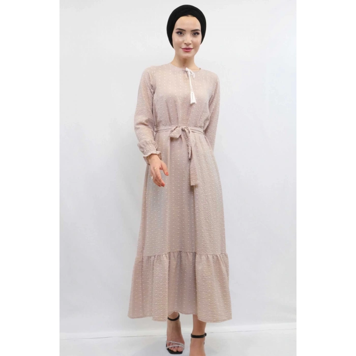 Moda Çizgi Pıt Pıt Elbise Bej