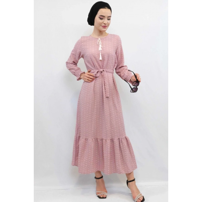 Moda Çizgi Pıt Pıt Elbise Gül Kurusu