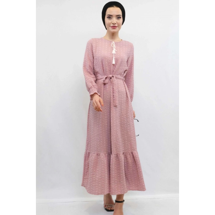 Moda Çizgi Pıt Pıt Elbise Gül Kurusu