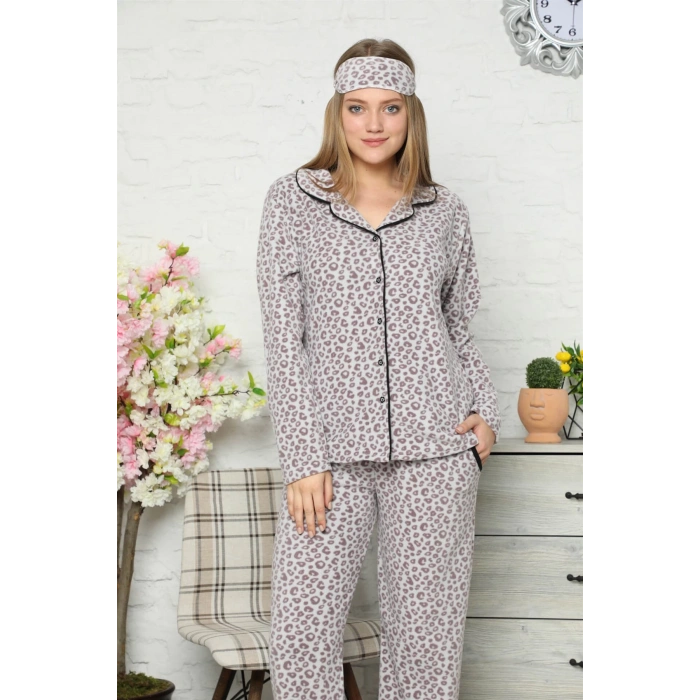 Moda Çizgi Polar Önden Düğmeli Kadın Pijama Takımı 8082