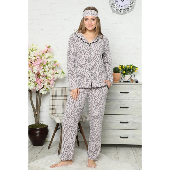 Moda Çizgi Polar Önden Düğmeli Kadın Pijama Takımı 8082
