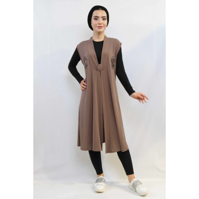 Moda Çizgi Pullu Nakış İşlemeli Yelek Mc724 Bej