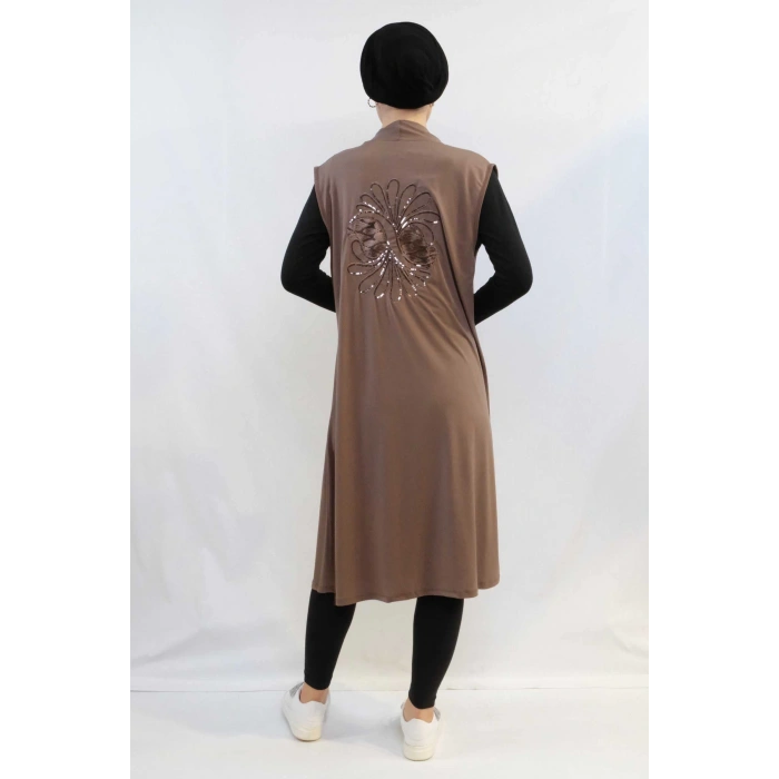 Moda Çizgi Pullu Nakış İşlemeli Yelek Mc724 Bej