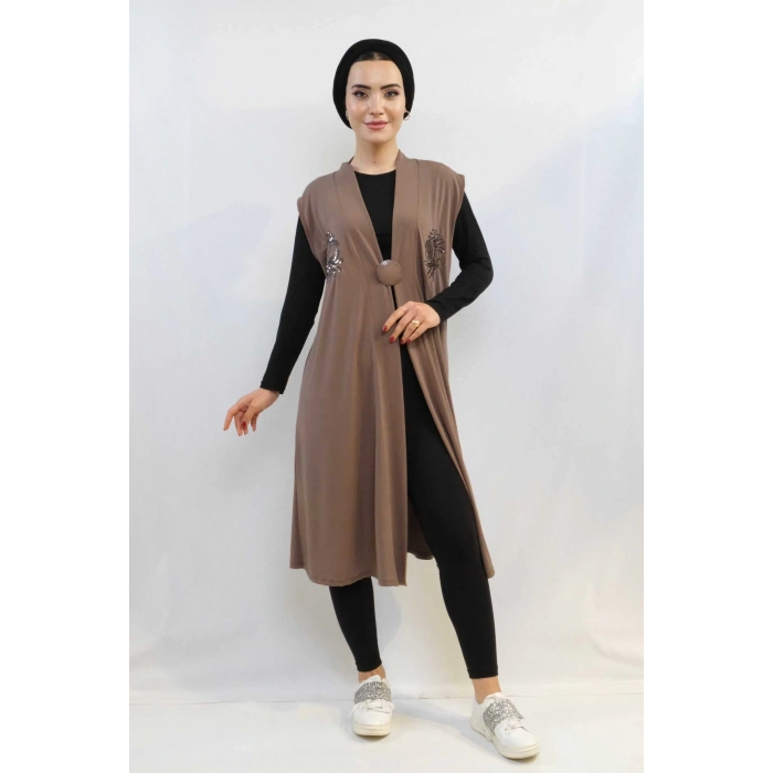 Moda Çizgi Pullu Nakış İşlemeli Yelek Mc724 Bej