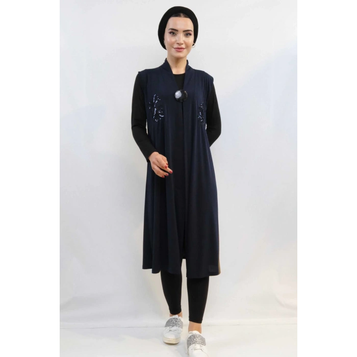 Moda Çizgi Pullu Nakış İşlemeli Yelek Mc724 Lacivert