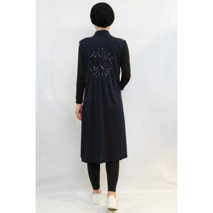 Moda Çizgi Pullu Nakış İşlemeli Yelek Mc724 Lacivert