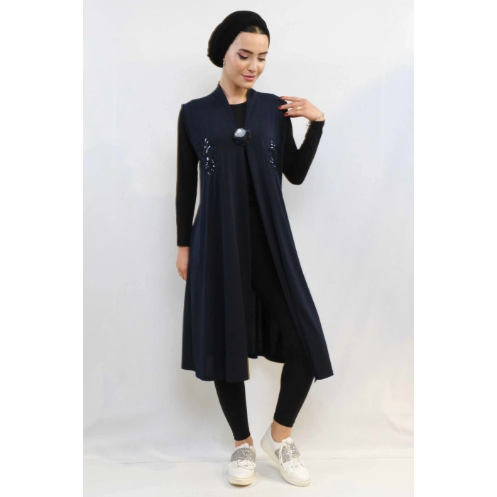 Moda Çizgi Pullu Nakış İşlemeli Yelek Mc724 Lacivert