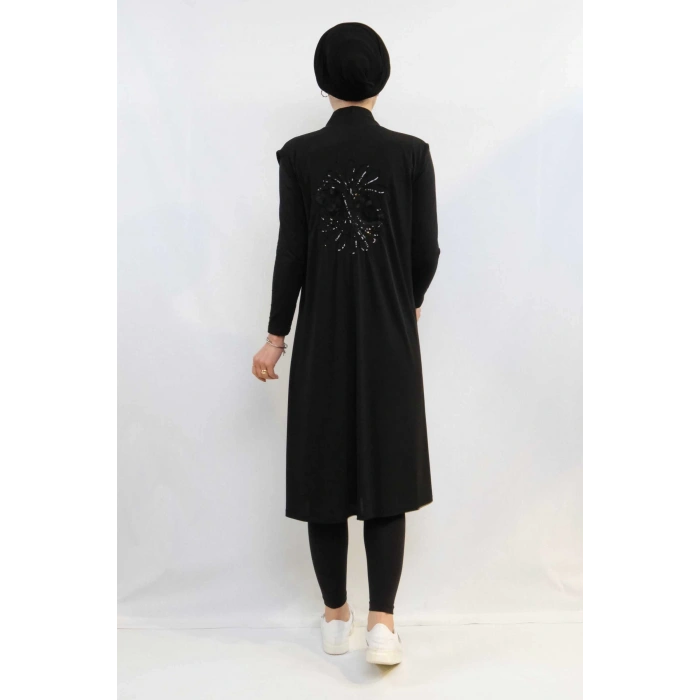 Moda Çizgi Pullu Nakış İşlemeli Yelek Mc724 Siyah