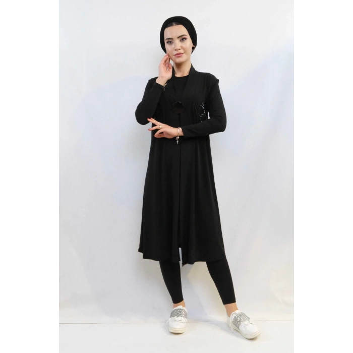 Moda Çizgi Pullu Nakış İşlemeli Yelek Mc724 Siyah