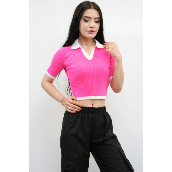 Moda Çizgi Renkli Yaka Triko Crop Pembe
