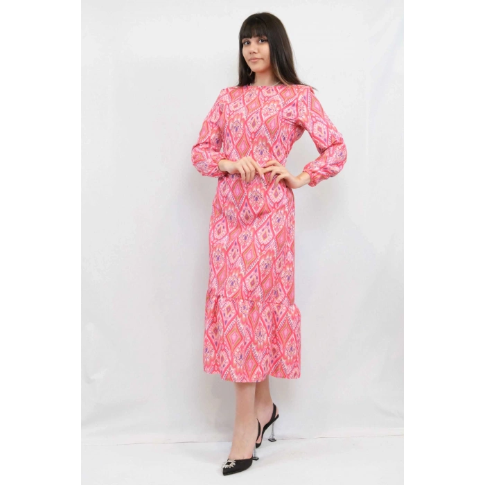 Moda Çizgi Şal Desen Elbise Fuşya