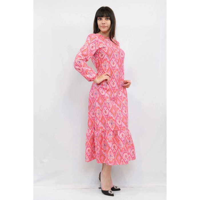 Moda Çizgi Şal Desen Elbise Fuşya