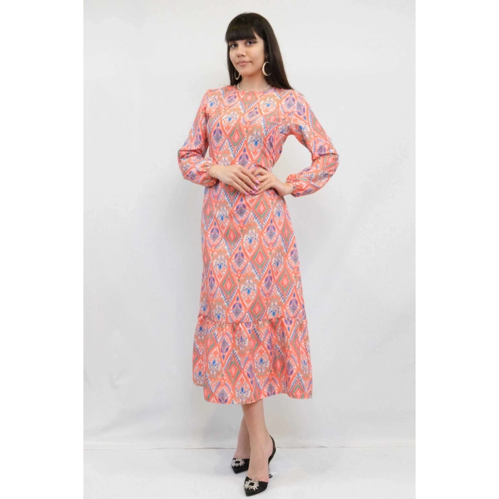 Moda Çizgi Şal Desen Elbise Turuncu