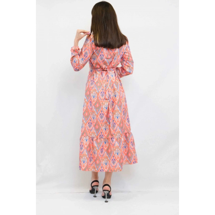 Moda Çizgi Şal Desen Elbise Turuncu