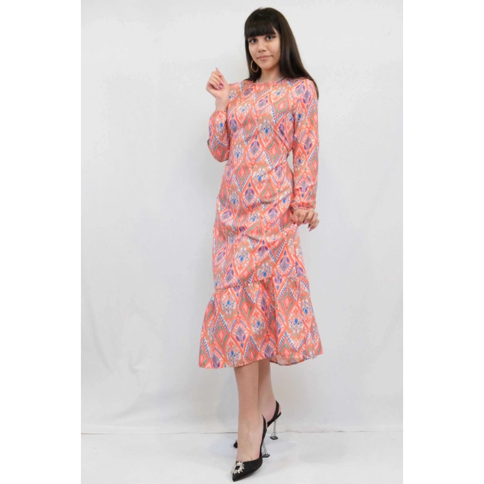 Moda Çizgi Şal Desen Elbise Turuncu