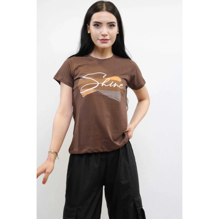 Moda Çizgi Shine Baskılı Tshirt Kahve