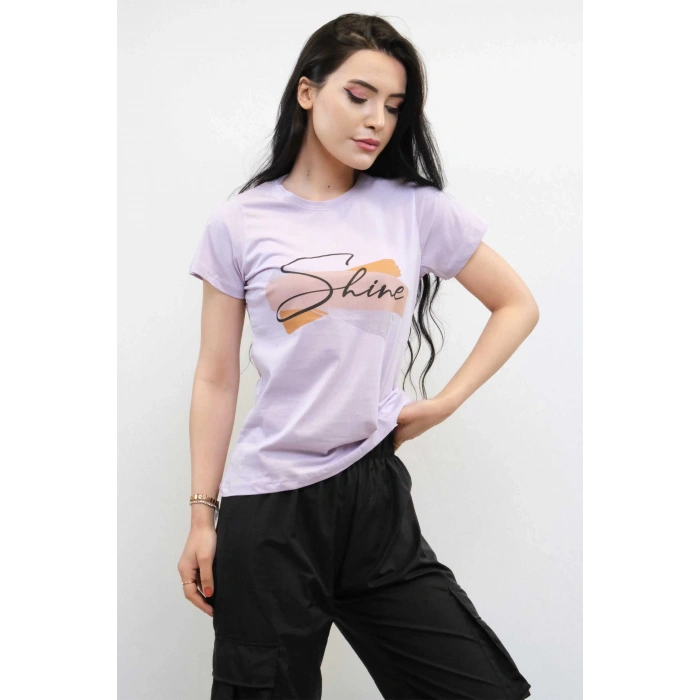Moda Çizgi Shine Baskılı Tshirt Lila