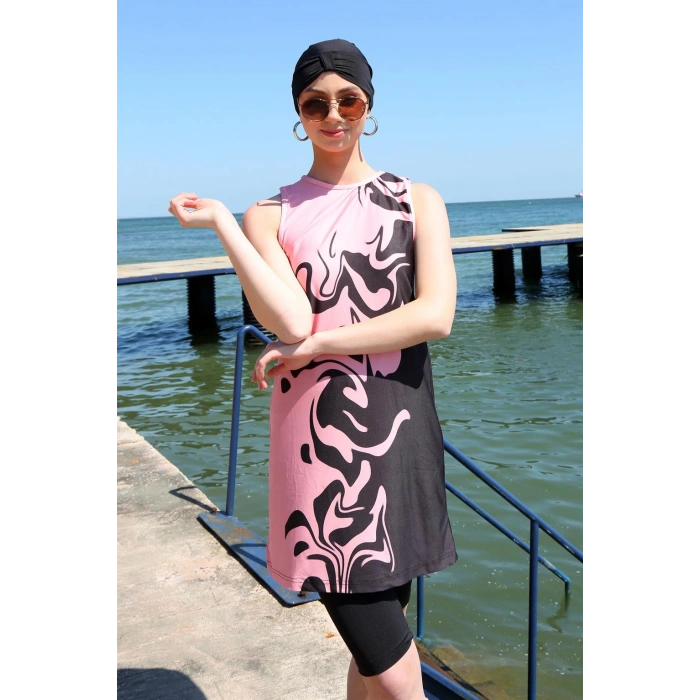 Moda Çizgi Sıfır Kol Desenli Yarım Tesettür Mayo 33008