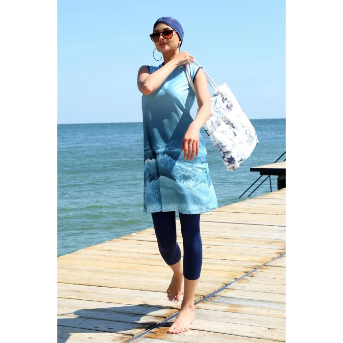 Moda Çizgi Sıfır Kol Desenli Yarım Tesettür Mayo 33009