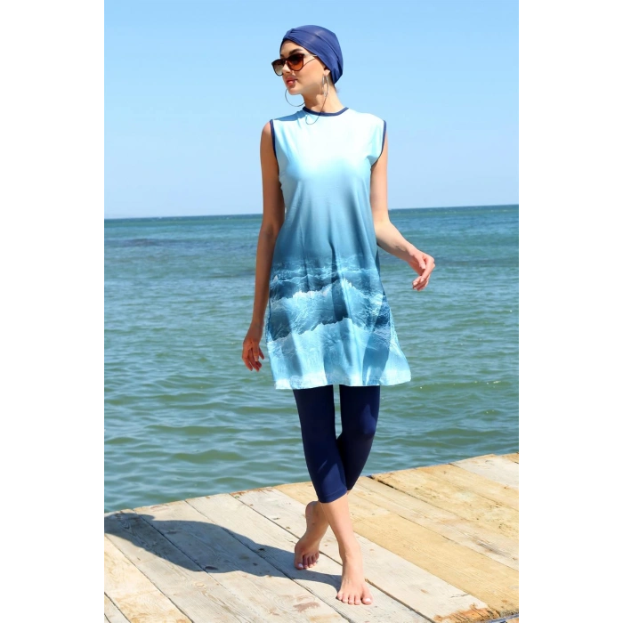 Moda Çizgi Sıfır Kol Desenli Yarım Tesettür Mayo 33009