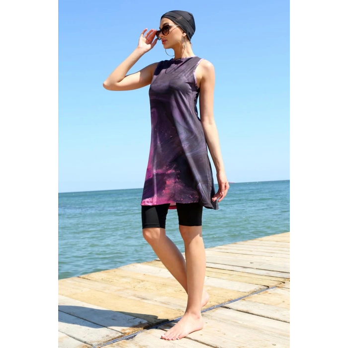 Moda Çizgi Sıfır Kol Desenli Yarım Tesettür Mayo 33011