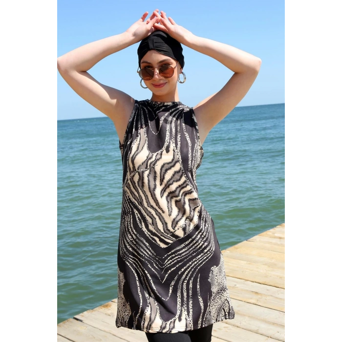 Moda Çizgi Sıfır Kol Leopar Yarım Tesettür Mayo 33010