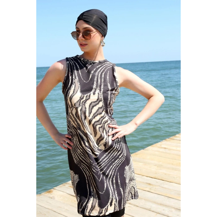 Moda Çizgi Sıfır Kol Leopar Yarım Tesettür Mayo 33010
