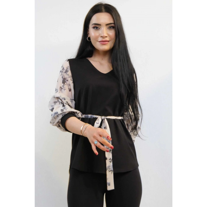 Moda Çizgi Şifon Kol Bluz Siyah
