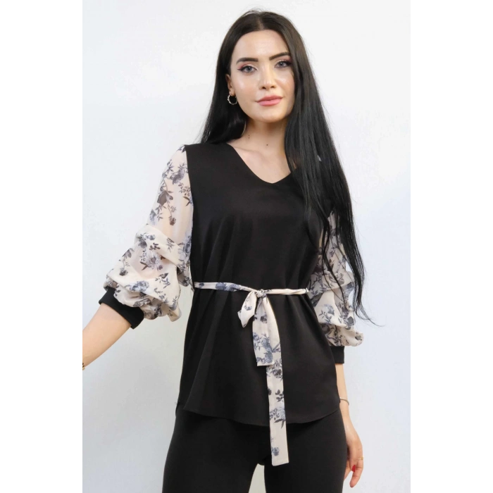 Moda Çizgi Şifon Kol Bluz Siyah
