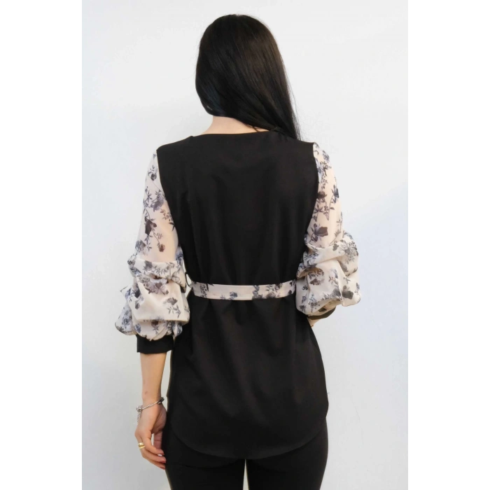 Moda Çizgi Şifon Kol Bluz Siyah