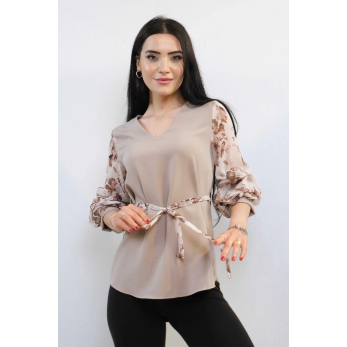 Moda Çizgi Şifon Kol Bluz Vizon