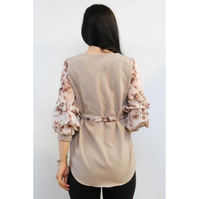 Moda Çizgi Şifon Kol Bluz Vizon