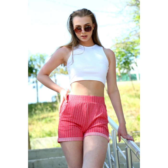 Moda Çizgi Şort Crop Kırmızı Takım 26550